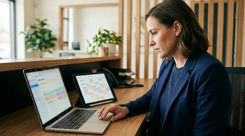 Dental practice owner comparing DentalX AI and other dental software dashboards on a laptop