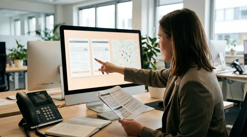 Marketing coordinator comparing dental practice business listings side by side on a monitor with a location map