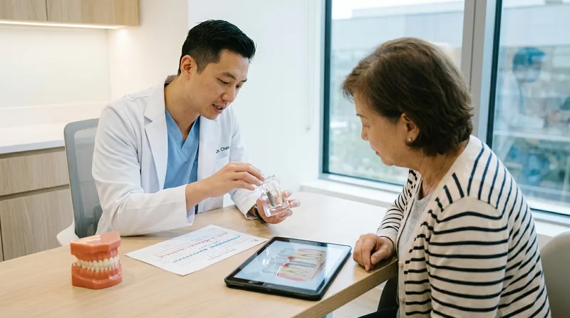 Periodontist explaining dental implant and gum treatment options to a patient during a consultation
