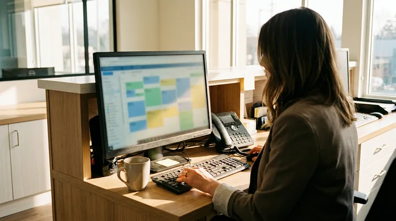 Dental office manager reviewing a color-coded appointment calendar already filled by an AI virtual receptionist booking system