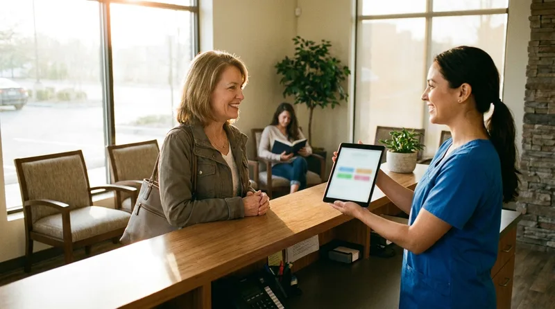 Returning patient greeted at a dental front desk, illustrating the lifetime value of a recovered patient