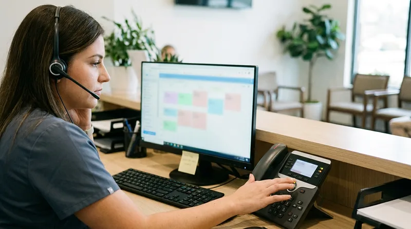 Dental front desk coordinator holding a patient on the line while checking insurance eligibility during one of many dental insurance phone calls