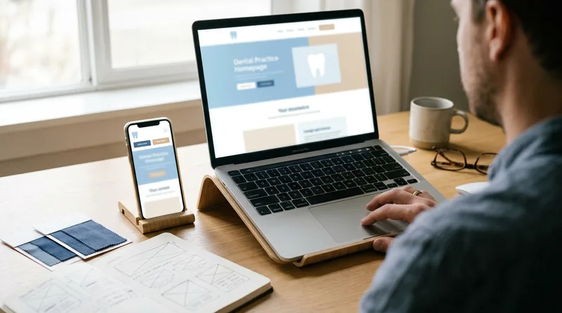 Designer comparing a dental website example layout on a laptop and a phone side by side