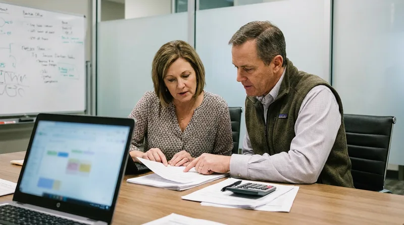 Dental practice owner and office manager comparing AI receptionist pricing sheets with a calculator and laptop at a conference table