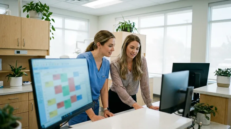Dental hygienist and coordinator reviewing a full recall appointment schedule on a practice calendar screen