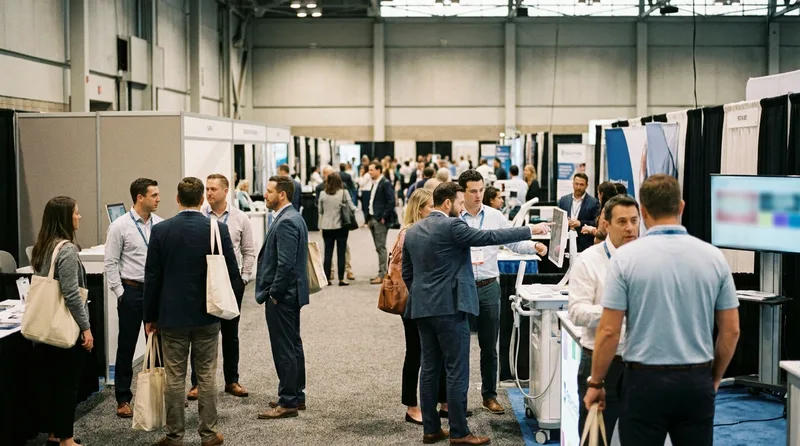 Dental professionals browsing equipment demos in the exhibit hall of a large convention center at an ADA scientific meeting