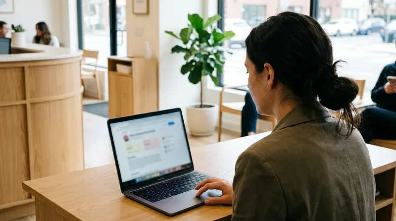 Dental practice office manager reviewing Google Business Profile reviews on a laptop