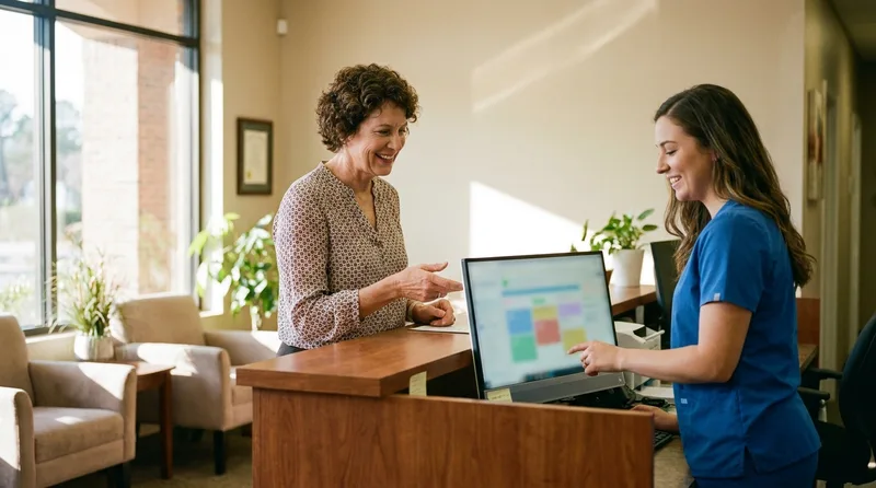 Returning patient checking in and rebooking her next recall visit with a dental receptionist