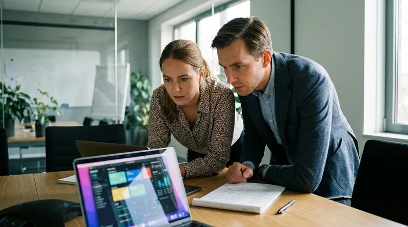 Practice owner and office manager comparing options at a conference table with a laptop and notepad