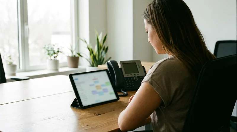Practice manager viewing patient text messages and calls on a tablet at the front desk