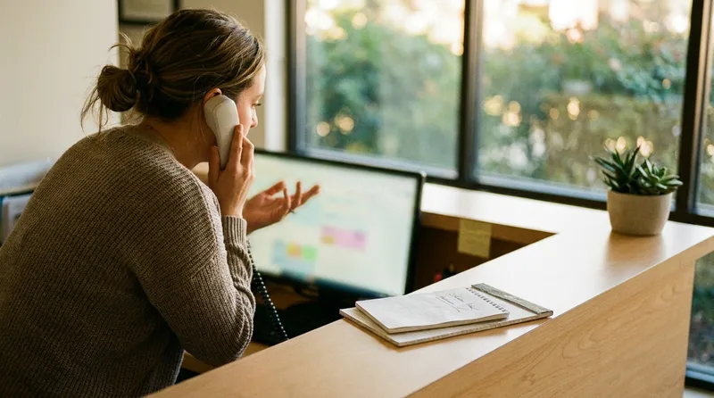 Dental office coordinator on a call with a patient record and two appointment times noted beside the keyboard