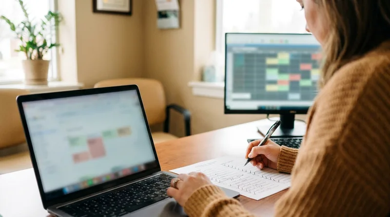 Dental practice owner marking items on a vendor evaluation sheet next to a laptop