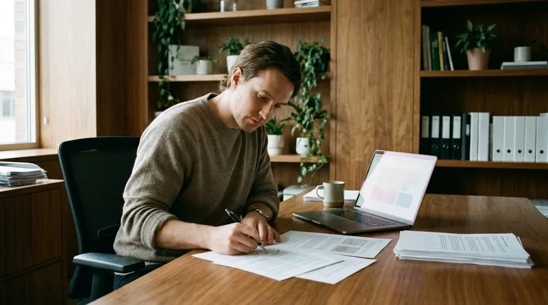 Dental practice owner reviewing a staffing agency contract and references before signing