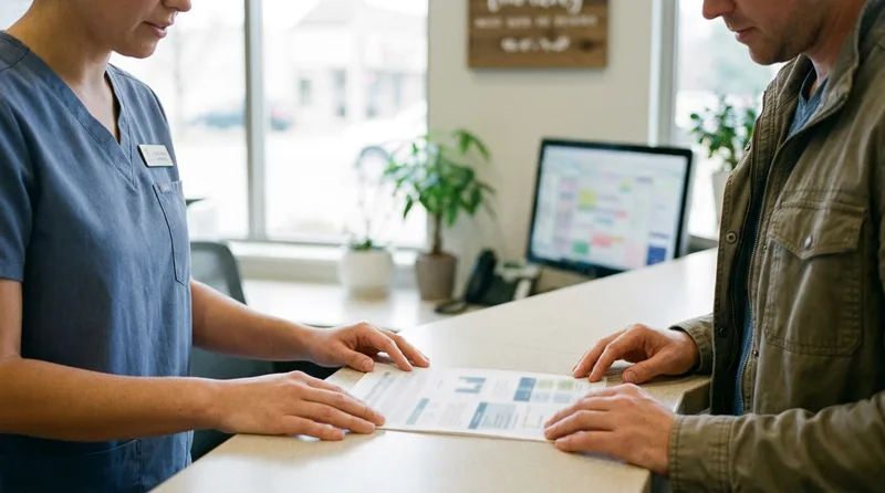 Dental front desk team member reviewing a written treatment estimate with a patient