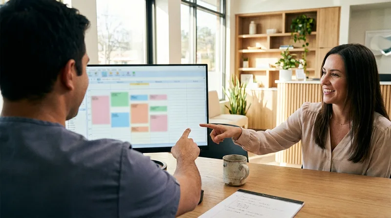 Dentist and office manager redesigning the weekly schedule with buffer time