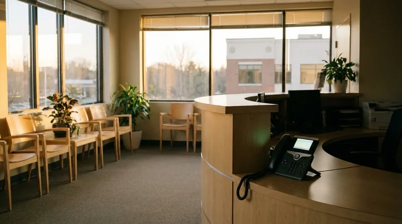 Empty dental reception area at dusk with a desk phone on the front desk after closing time