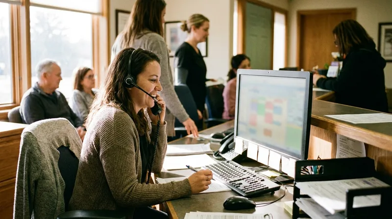 Independent dental practice front desk using scheduling and phone technology to compete with larger groups