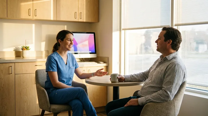 Dentist in a relaxed consultation with a patient in a bright modern treatment room