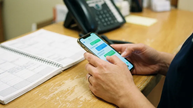 Front desk coordinator sending a two-step appointment confirmation text from a dental reception counter