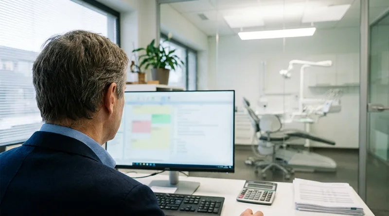 Dental practice owner reviewing a cost and return spreadsheet to calculate technology ROI