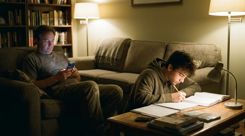 Parent scrolling a phone on a living room sofa in the evening while a teenager studies nearby