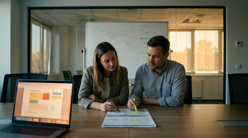 Dental practice owner and office manager comparing two vendor proposals at a conference table
