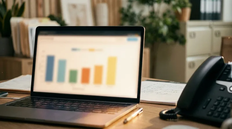 Practice administrator reviewing a chart of patient phone calls grouped by marketing source on a laptop