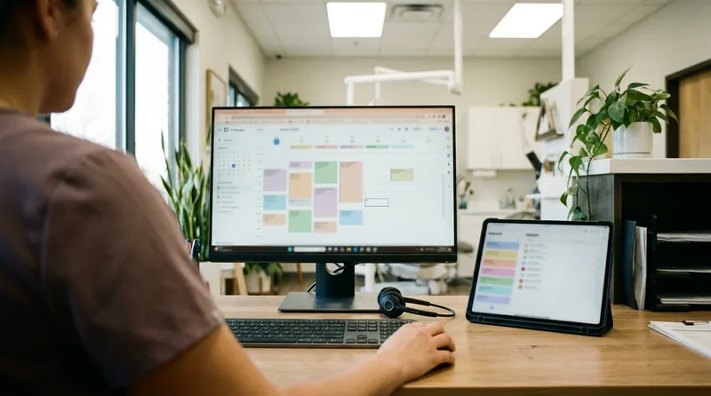Dental office coordinator reviewing a color-coded appointment calendar with open slots and a waitlist tablet nearby