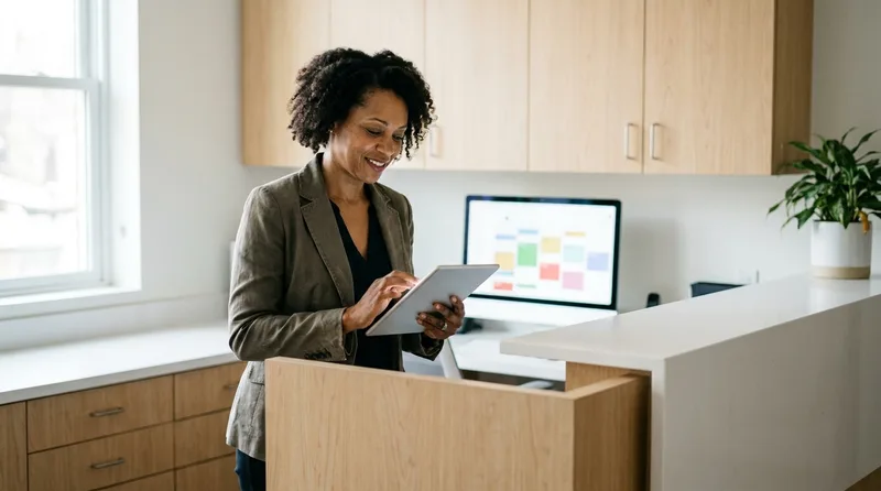 Dental office manager reviewing a practice management software implementation checklist at the front desk