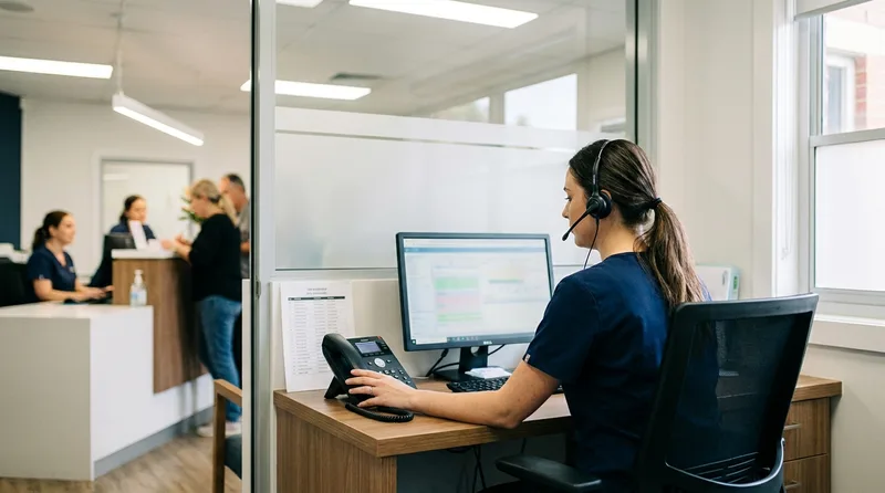 Team member with a headset working at a quiet calling desk behind a glass partition in a dental office