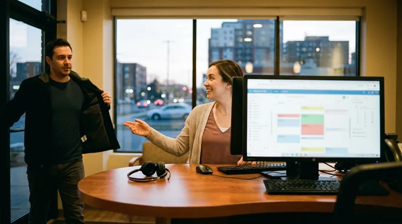 Dental front desk coordinator greeting a patient while AI reception handles an incoming call and books an appointment