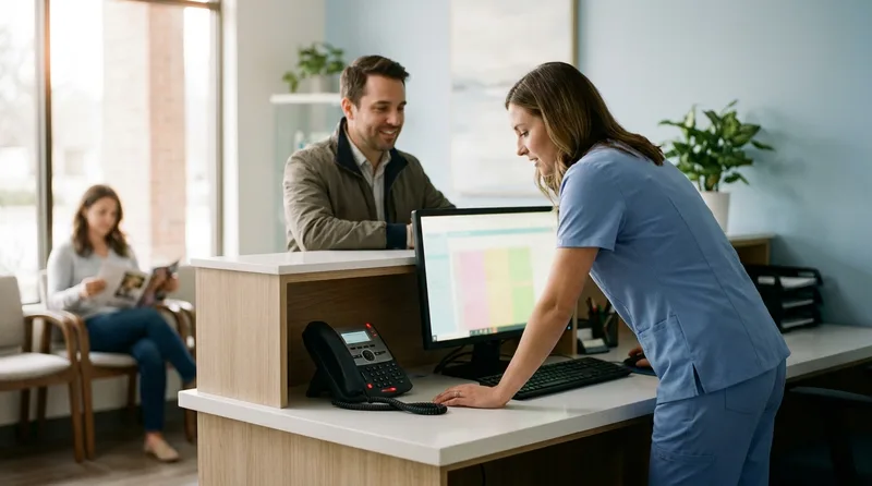 Dental front desk coordinator checking in a patient while the office phone rings unanswered
