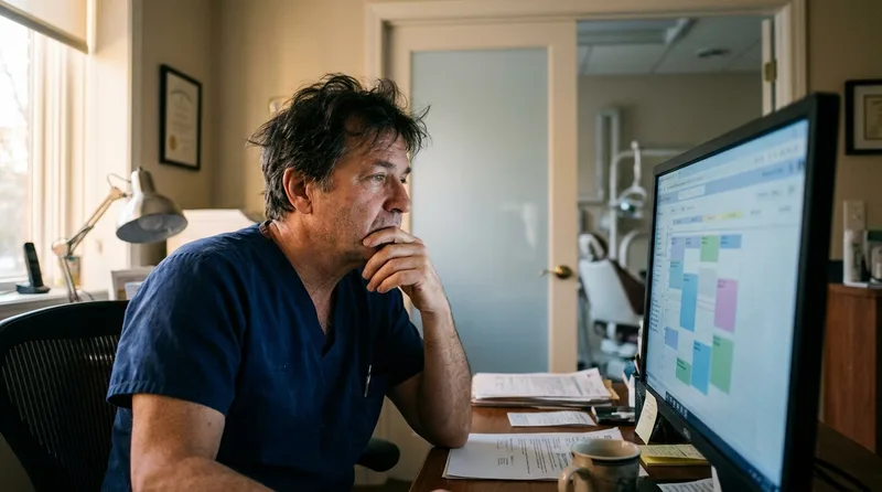 Dentist sitting alone at a desk at the end of the day reviewing the practice schedule