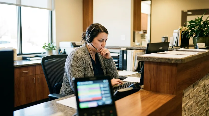 Dental office front desk coordinator managing incoming patient calls at a modern phone system