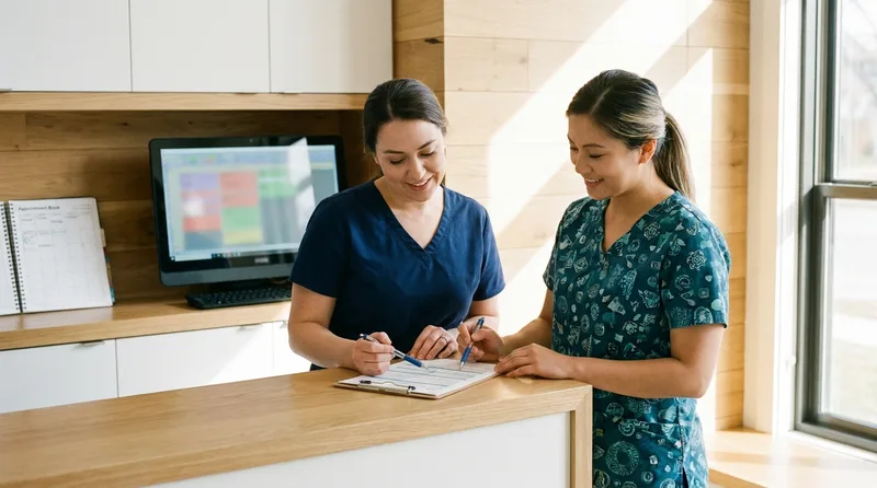Dental front desk coordinator and assistant reviewing a patient checklist together at a reception counter