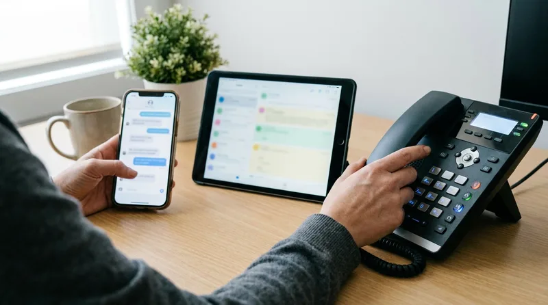 Phone, tablet, and desk phone in use together showing a multi-channel dental recall sequence