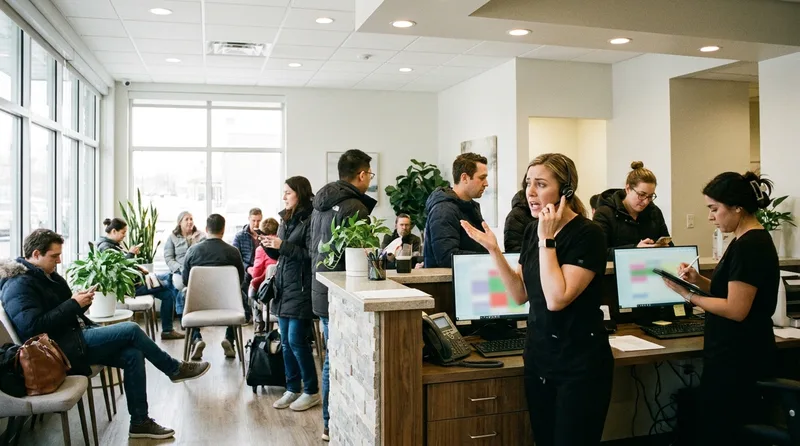 Dental receptionist with a headset answering calls while a teammate checks in patients during a busy morning
