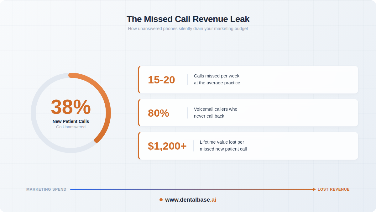 Infographic showing dental practice missed call statistics including 38 percent unanswered rate and lifetime value impact