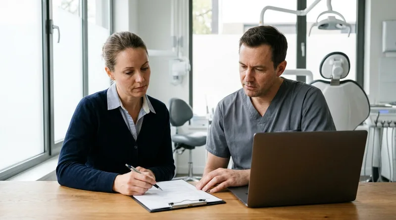 Dentist and office manager reviewing a vendor agreement together at a desk