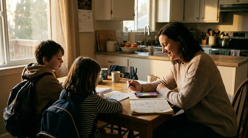 Parent booking dental cleanings for two children in a single phone call at the kitchen table
