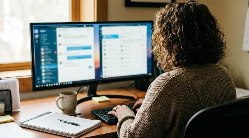 Office manager comparing an automated chat dashboard against a traditional call log on screen