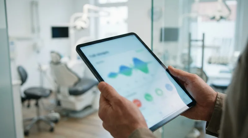 Office manager holding a tablet showing an AI receptionist call routing dashboard for a dental practice