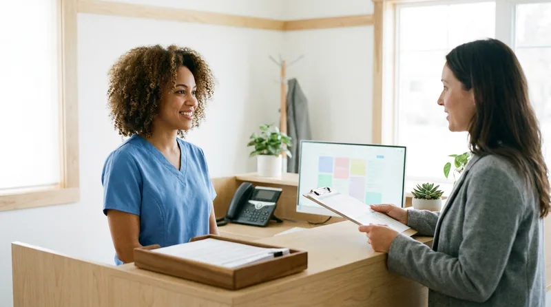 Dental receptionist greeting a checking-in patient while the front desk phone sits quiet and the schedule is open on screen
