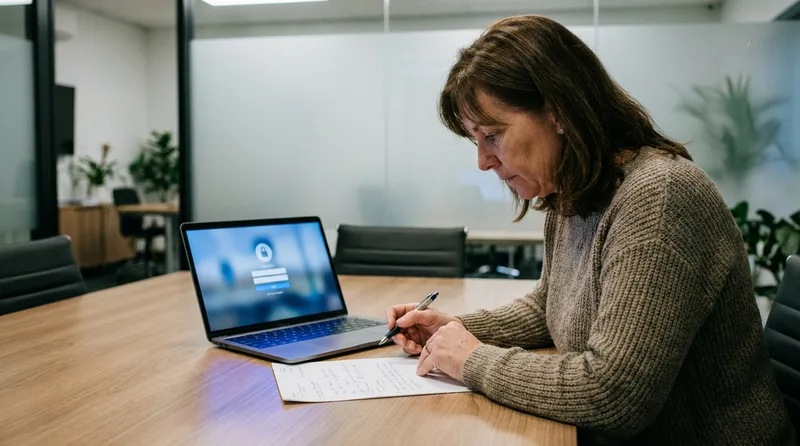 Dental practice administrator reviewing a signed compliance document beside a secured laptop screen