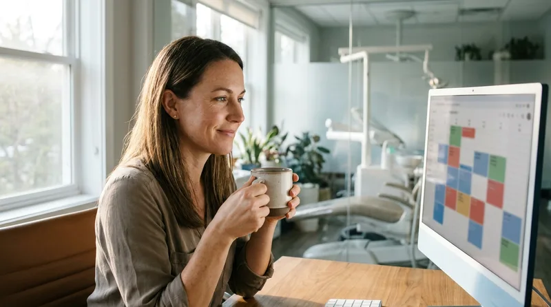 Dental office manager reviewing a full appointment schedule on a computer in the morning