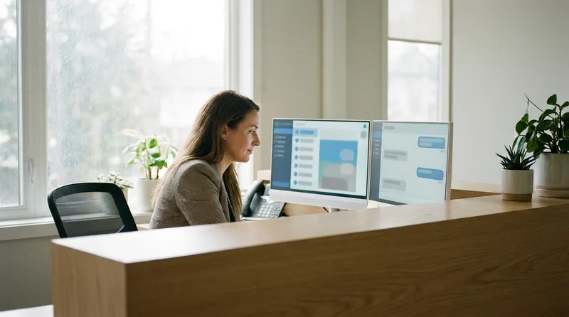 Dental office manager comparing phone call and website chat activity on two screens