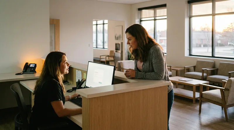 Dental front desk staff member giving full attention to a patient while AI handles phone coverage