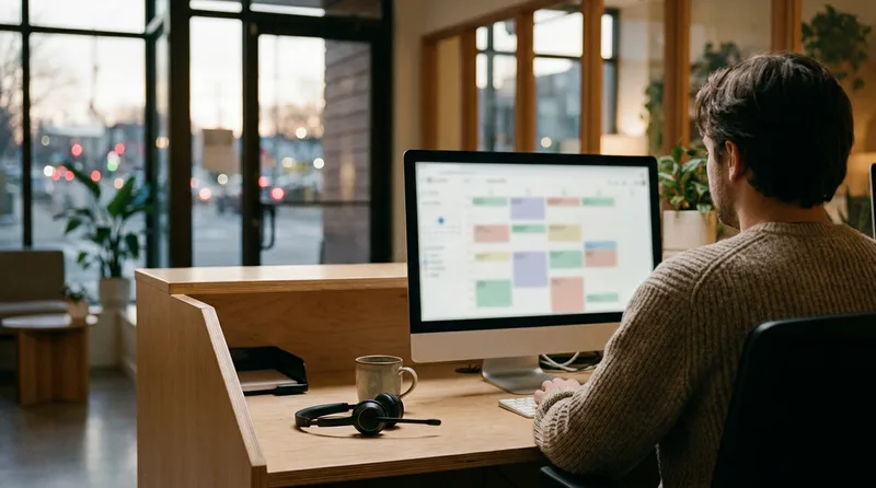 Dental office coordinator reviewing a Denticon appointment synced automatically after hours