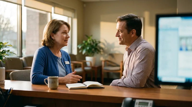 A dental practice manager and a receptionist in a short one-to-one check-in at the front desk