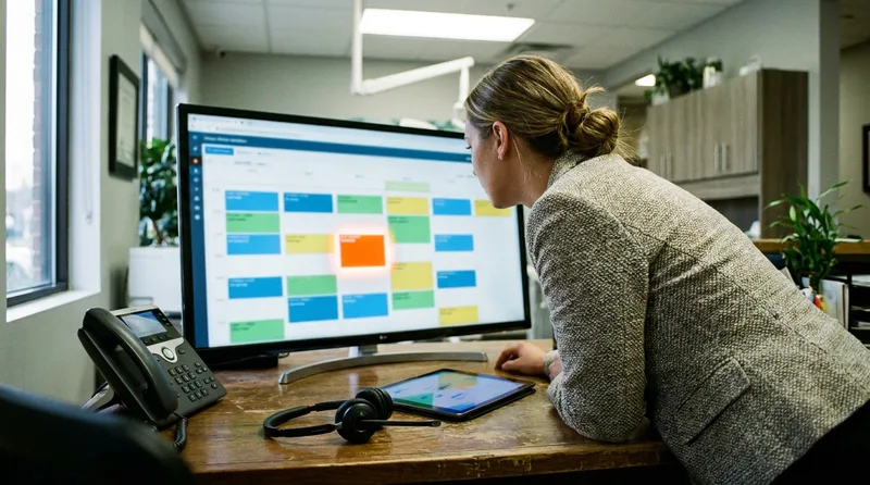 Dental office manager reviewing a color-coded scheduling calendar with an open slot highlighted on a large monitor
